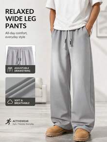 Men's Minimalist Solid Color Wide Leg Sweatpants With Woven Drawstring Design, Thin Fleece Lining, Elastic Waist, Casual Commuter Sports Pants - Light Grey - View 7