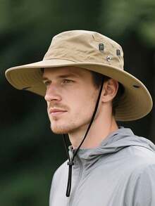 1pc Men's Outdoor Sun Hat, Wide Brim UV Protection Breathable Ranch Hat With Chin Strap, Suitable For Hiking, Camping, Fishing Ski Masks - Multicolor - View 6