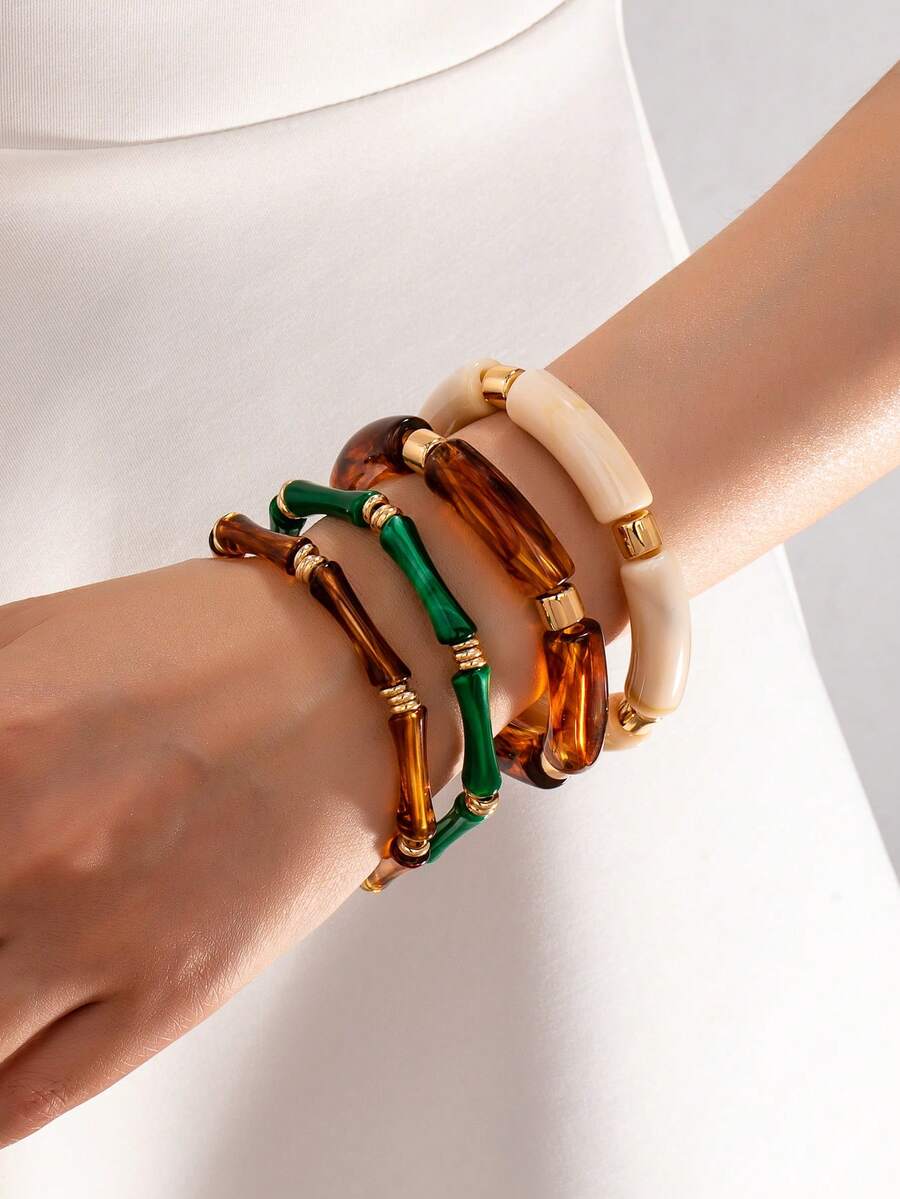 1pc American Vintage Color-Block Bamboo Knot Layered Bracelet, Transparent Gradient Acrylic Bamboo Segment Round Bead Bracelet, Suitable For Beach Vacation, Retro Outfit, Eye-Catching Denim Casual Travel, Atmospheric Accessory - Multi-color 4 - View 1