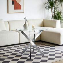Dining Table With Cross Metal Leg And Tempered Glass, Modern Space-Saving Kitchen Table For Living Room,  Legs, Round Table, Silver Legs, 80x80x75cm - 銀色 - 查看 1