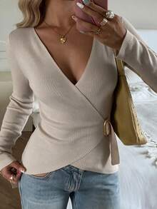 SEREN Women's Ribbed Knit Wrap Sweater With Long Sleeves And Asymmetrical Hem, Elegant Regular Fit Top For Fall - Apricot - View 3
