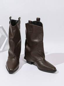 European Style Pointed Toe Ruched Stacked Ankle Boots Women's Autumn/Winter New Vintage Versatile Chunky Heel High Heel Riding Boots Boots - Coffee - View 3