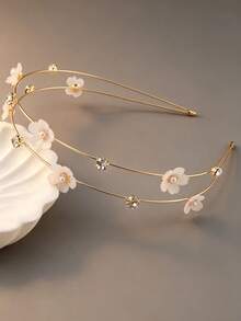 1pc Double Layer Alloy Thin Hair Tie With Faux Pearl Flower Decoration, Sweet Hair Accessory, Girls Headpiece - Multicolor - View 6