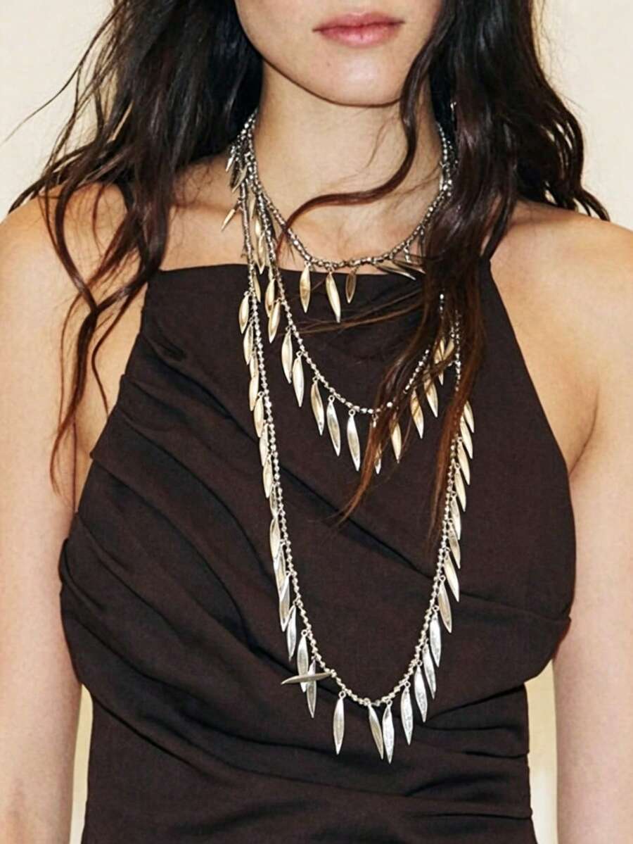 1pc Vintage Bohemian Multi-Layer Leaf Tassel Long Necklace, Made Of Antique Silver Metal Material, Suitable For Women To Wear, Perfect For Festival Occasions, A Highly Personalized Long Necklace, Suitable For Women, Very Suitable For Beach Vacation, Daily Travel Wear, Beach Accessories, Women's Summer Accessories, Summer Jewelry, Back To School Season Gift - Multicolor - View 1