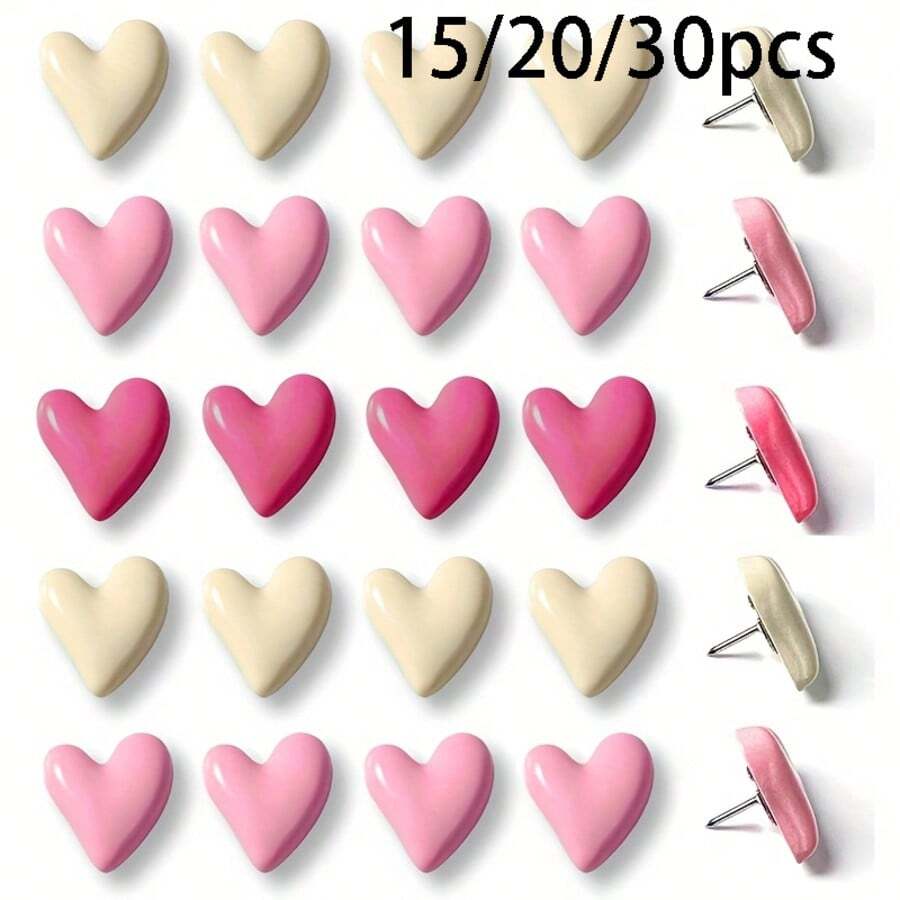 15/20/30pcs Heart-Shaped Cork Push Pins, Cork Board Push Pins, Fun Push Pins For Decorating Photo Wall, Feature Wall, Map, Bulletin Board, Office Or Home, Random Color - A - View 1