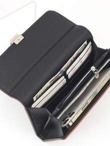 New Women's PU Soft Long Phone Wallet, Fashion Casual Large Capacity Multi-Function Handheld Multi-Layer Wallet Card Holder ID Organizer, Convenient To Carry, Suitable As Holiday Gift - Black - View 2