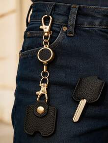 1pc Black Leather Key Protector, With Retractable Badge Reel, Lobster Claw Elastic Key Ring, Portable Key Accessory, Stretchable Household Key Ring - Multicolor - View 2