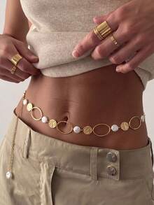 1pc Sexy Oval Random Hollow Pearl Waist Chain, Daily Holiday All-Season Versatile - Gold - View 1