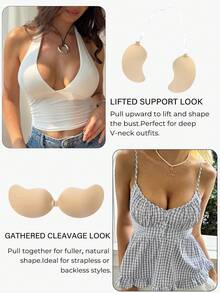1 Pair Mango Color Push-Up Self-Adhesive Bra, Invisible Strap Design, Front Closure Design, Provides Breast Support, Comfortable And Reusable, Suitable For Swimsuits, Bikinis And Deep V Outfits Includes 1 Pair Of Silicone Flower Nipple Covers - Multicolor - View 5