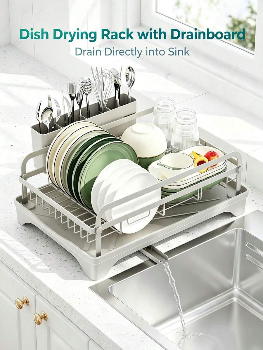 1 Piece Kitchen Countertop Dish Rack, Metal Tableware Storage Rack With Drip Tray And Chopstick Holder, Household Dish Organizer. - Grey - View 1