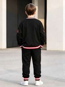 Boys' Autumn/Winter Baseball Style V-Neck 2 Pieces Set, New York Letter Print Black White Red Ribbed Colorblock Jogger Sweatpants Outfit - Black - View 4
