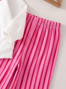 2pcs Baby Girls Autumn Letter Fruit Banana Print Long Sleeve Sweatshirt Contrast Color Striped Elastic Waist Wide Leg Pants Children Spring Fashion Cute Outfit - Rose Red - View 6