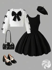 Young Girls 2pcs Set Autumn/Winter New Solid Color Patchwork Puff Dress With 3D Bow Decor & Knit Round Neck Sweatshirt, Fashionable Young Girls Outfit For Outdoor Wear - Black - View 1