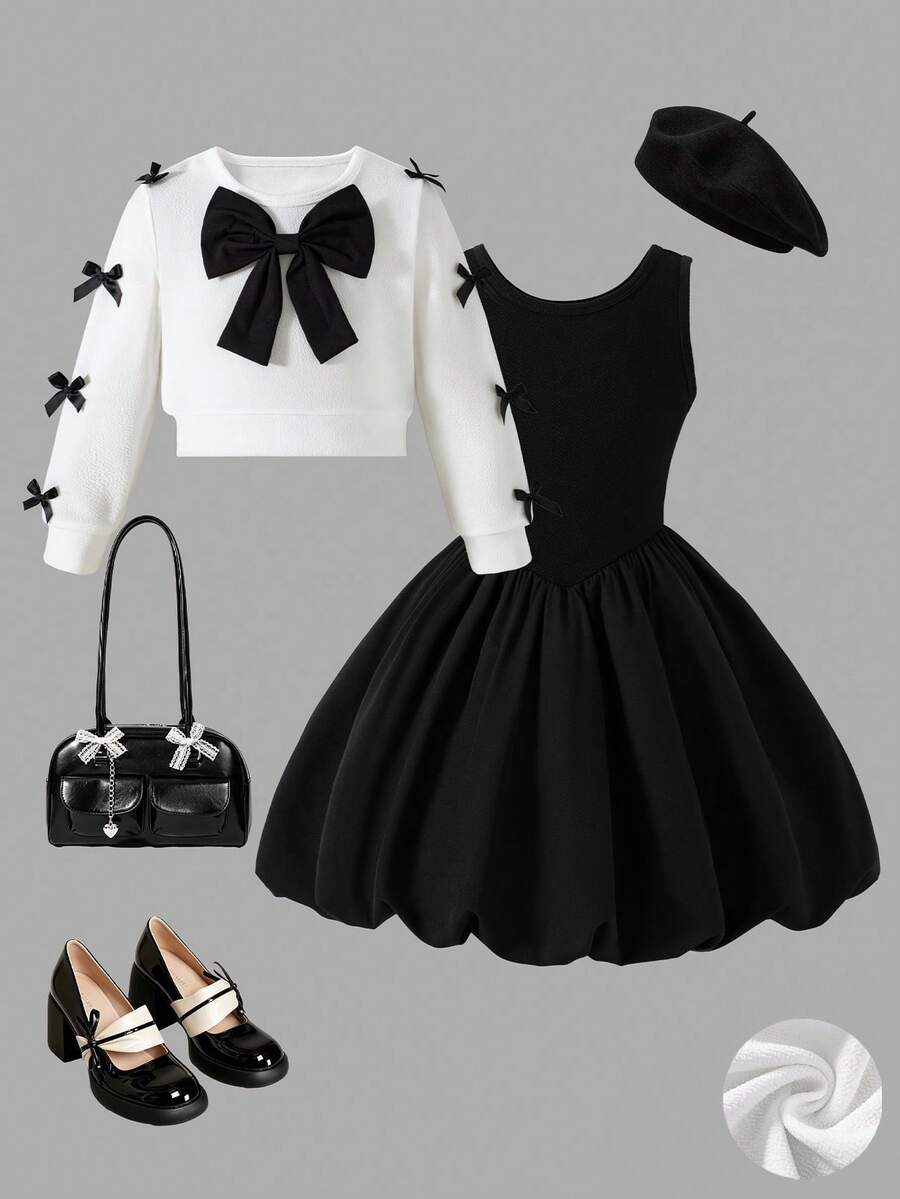 Young Girls 2pcs Set Autumn/Winter New Solid Color Patchwork Puff Dress With 3D Bow Decor & Knit Round Neck Sweatshirt, Fashionable Young Girls Outfit For Outdoor Wear - Black - View 1
