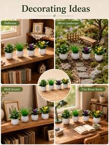 Mini Artificial Potted Plant, Resin Bonsai Faux Greenery In Square Planter, 3.5cm Miniature Plant Ornament For Office Desk, Home Decor, Bedside Table, Shelf, Dorm Room, Living Room & Small Space Decoration - Default - View 3