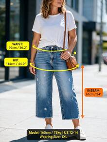 Plus Size Women Elastic Waist Loose Straight Leg Jeans, Distressed Ripped 7/8 Length Denim Pants, Washed Blue Casual Spring - Light Blue - View 11