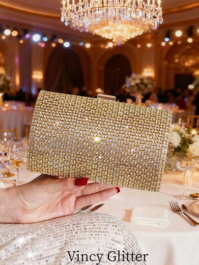 New Full Rhinestone Gold Box Evening Clutch Party Bag Fashion Versatile Shoulder Crossbody Chain Bag Phone Bag Lipstick Bag
