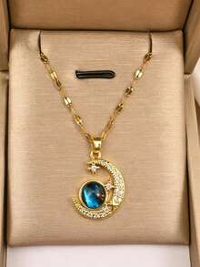 2pcs/Set Unisex Fashion Pendant Necklace, Space Moon Design, 304 Stainless Steel, Rhinestone Inlaid, Other Plating, Vacation Style, Suitable For Daily Wear And Party, Halloween Christmas Valentine's Day Couple Necklace Gift - Gold - View 3