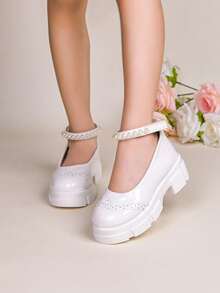 New White Pearl Ankle Strap Platform Mary Jane Shoes, Vintage Style, Versatile Comfortable Thick Sole For Girls - White - View 3