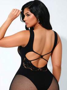 Gaun Lingerie Seksi Desain Berongga untuk Wanita Ukuran Plus - Hitam - View 5