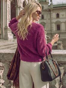 NiceArt Women's Vintage Fluffy Knit Cardigan Sweater, Long Sleeve Front Button Elegant Knit Jacket, Autumn Outfit, Daily Office, Halloween - Burgundy - View 2