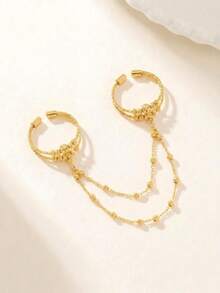 24K Gold-Plated Double Finger Chain Link Ring, Rust-Proof Gold Alternative 3-Layer Beaded Chain Delicate Layered Ring, High-End Jewelry - 01 - View 5