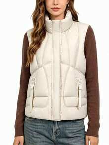 Women's Winter Casual Solid Color Zipper Front Stand Collar Short Padded Vest - White - View 9