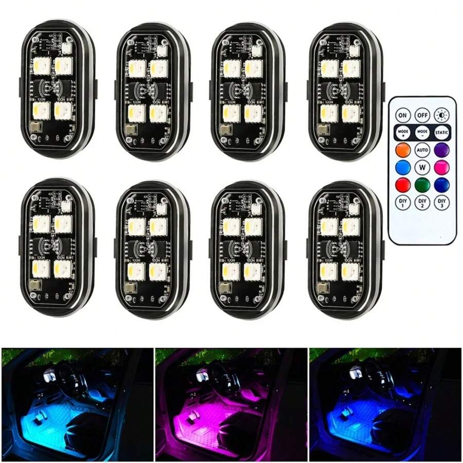 Luces estroboscópicas LED inalámbricas para decoración de coche, luz de ambiente de 8 colores, luces LED recargables, luz de advertencia LED anticolisión - A - Ver 1