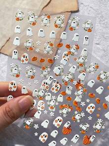 5D Halloween Embossed Cute Ghost Pumpkin Nail Art Stickers, White Ghost Flower 3D Self-Adhesive Nail Decals, DIY Nail Decoration - Multicolor - View 4