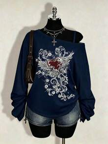 2026 Summer Collection,Retro Gothic Plus Tee: Distressed Skull & Rose, Y2K Punk Style, Sizes S-7XL, Ships 24H - Navy Blue 2 - View 9