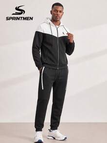 2pcs Black And White Colorblock Hooded Men's Jacket Set, Casual Sports Men's Outfit, Comfortable Long Sleeve Jacket And Pants Two Pieces Set, Men's Zipper Cardigan Jacket With Sports Pants, Side Zipper Pocket Design, Machine Washable, Suitable For Daily Commute And Travel - Black - View 3