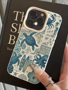 1pc White Matte Minimalist Lens Protection Blue Sea Turtle Surfboard Pattern Phone Case Personalized Compatible With IPhone 16 Pro Max/17/16/15/14 Plus/13/12/11/Air And Series - Multicolor - View 4