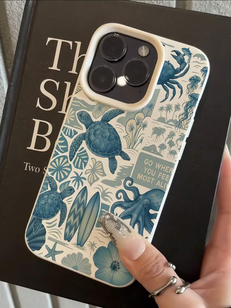 1pc White Matte Minimalist Lens Protection Blue Sea Turtle Surfboard Pattern Phone Case Personalized Compatible With IPhone 16 Pro Max/17/16/15/14 Plus/13/12/11/Air And Series - Multicolor - View 4