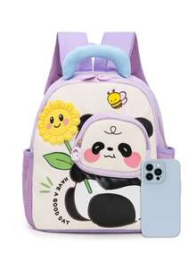 1pc Lightweight Contrast Color Panda Print Cute Backpack, Casual Student Backpack - Purple - View 2
