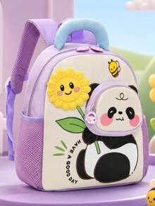 1pc Lightweight Contrast Color Panda Print Cute Backpack, Casual Student Backpack - Purple - View 8
