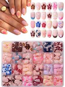 96 piezas de pegatinas de uñas francesas florales ovaladas cortas, pegatinas de uñas acrílicas cortas, uñas postizas de cobertura completa, con caja de almacenamiento, adecuadas para el uso diario y fiestas de mujeres y niñas - Multicolor - Ver 2
