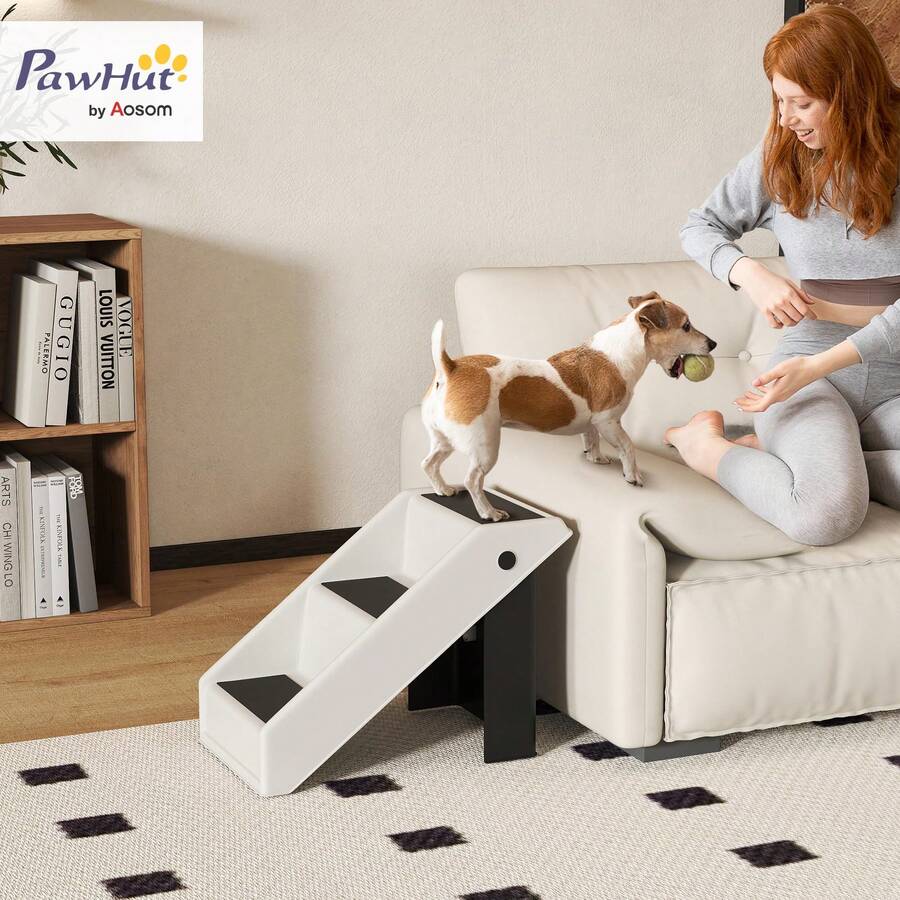 PawHut 3-Step Dog Stairs 36.5 Cm High Small Dogs Foldable Cream White | Pet Stairs, Cat Stairs, Dog Ramp, Entry Aid For Bed, Sofa, Couch And Car - White - View 1