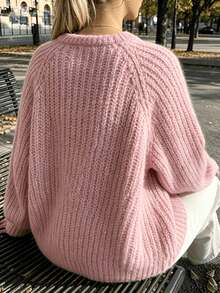 Women's Round Neck Knitted Cardigan Sweater, Slouchy, Soft And Cozy, Loose Fit, Solid Color, Versatile Top - Pink - View 2