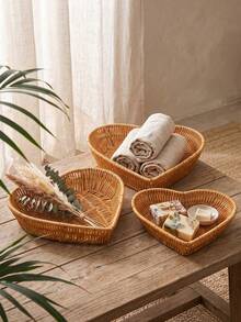 3pcs/2pcs/1pc Wicker Heart-Shaped Trays, Kitchen Serving Platters, Storage Baskets, Fries Basket, Fruit Plate, Snack Tray, Salad Plate, Bread Basket, Decorative Platters For Home, Living Room, Kitchen, Dining Room - Yellow - View 2