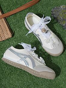 Lace Shoelaces Ballet Style Cute Pearl Bow Women's Accessories Casual Sports Shoes, Versatile Round Toe Lace-Up Colorblock Flat Shoes - Silver - View 3
