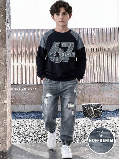 Boys' Spring/Autumn Long Sleeve Sweatshirt And Long Pants 2-Piece Set, Black & Grey Raglan Print Sweatshirt Paired With Faux Denim Distressed Cuffed Sweatpants, American Vintage Streetwear Casual Outfit For Daily Wear, School, Outdoor Activities And Skateboarding