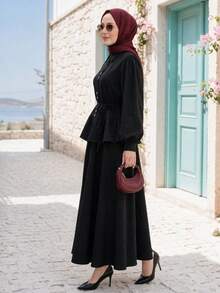 Women's Conservative 2 Pieces Set, Lapel Puff Sleeve Ruffle Top With Long Flared Skirt, Front Button Placket Waist Tie Casual Daily Outfit - Black - View 4
