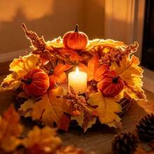 1 قطعة إكليل حامل شموع بتصميم اليقطين وأوراق القيقب لحصاد الخريف، ديكور حلقة شموع من الزهور والأوراق الاصطناعية لطاولة ، دائرة كرمة صغيرة - متعدد الألوان - مشاهدة 6