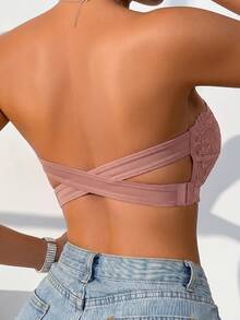 1pc Women's Non-Slip Criss-Cross Back Lace Bandeau Bra, Wireless, No Padding, Lightweight - Apricot - View 2