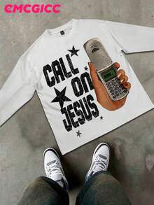 EMCGICC Manfinity Y2k CALL ON JESUS Thin Long Sleeve Men's T-Shirts,Funny Vintage Graphic Digital Print Hip-Hop For Men,Regular Fit,Street Style,Ideal Gift - 白色 - 查看 2