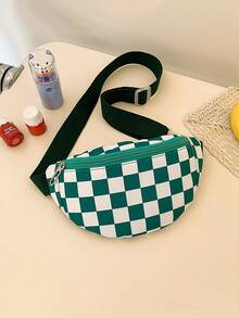 Green And White Checkerboard Casual Waist Bag, Checkerboard Nylon Small Chest Bag, Adjustable Wide Strap Versatile Crossbody Bag - A - View 2