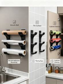 Wall-Mounted Holder For 3 Rolls Of Kitchen Paper/Cling Film/Aluminum Foil Storage Rack (Fits Rolls Up To 50mm Diameter) Space-Saving No-Drill Installation Creates A Tidy Kitchen Perfect For Cabinet Doors Room Decor Kitchen Decor Home Decor - Multicolor - View 3