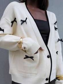 Autumn/Winter Plus Size Women's Fashion Elegant Bow Cardigan, French Sweet Style With Pockets, Suitable For Dates And Gatherings - White - View 1