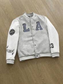 1pc Tween Boy Versatile Fashion Personalized Letter Print Colorblock V-Neck Fleece Jacket Autumn/Winter - Light Grey - View 3