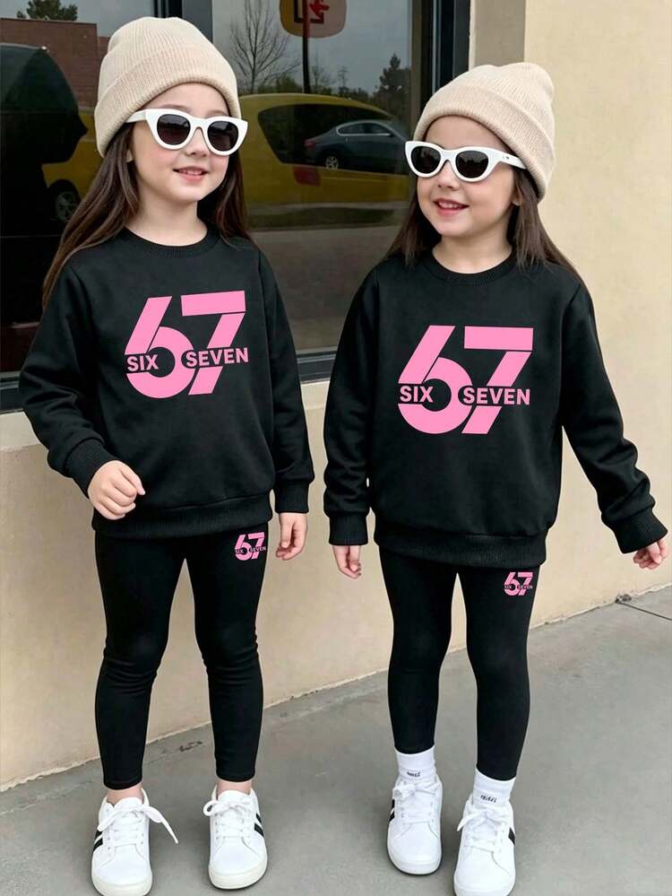 Young Girl Number Print Crew Neck Long Sleeve Top And Leggings - Black - View 1